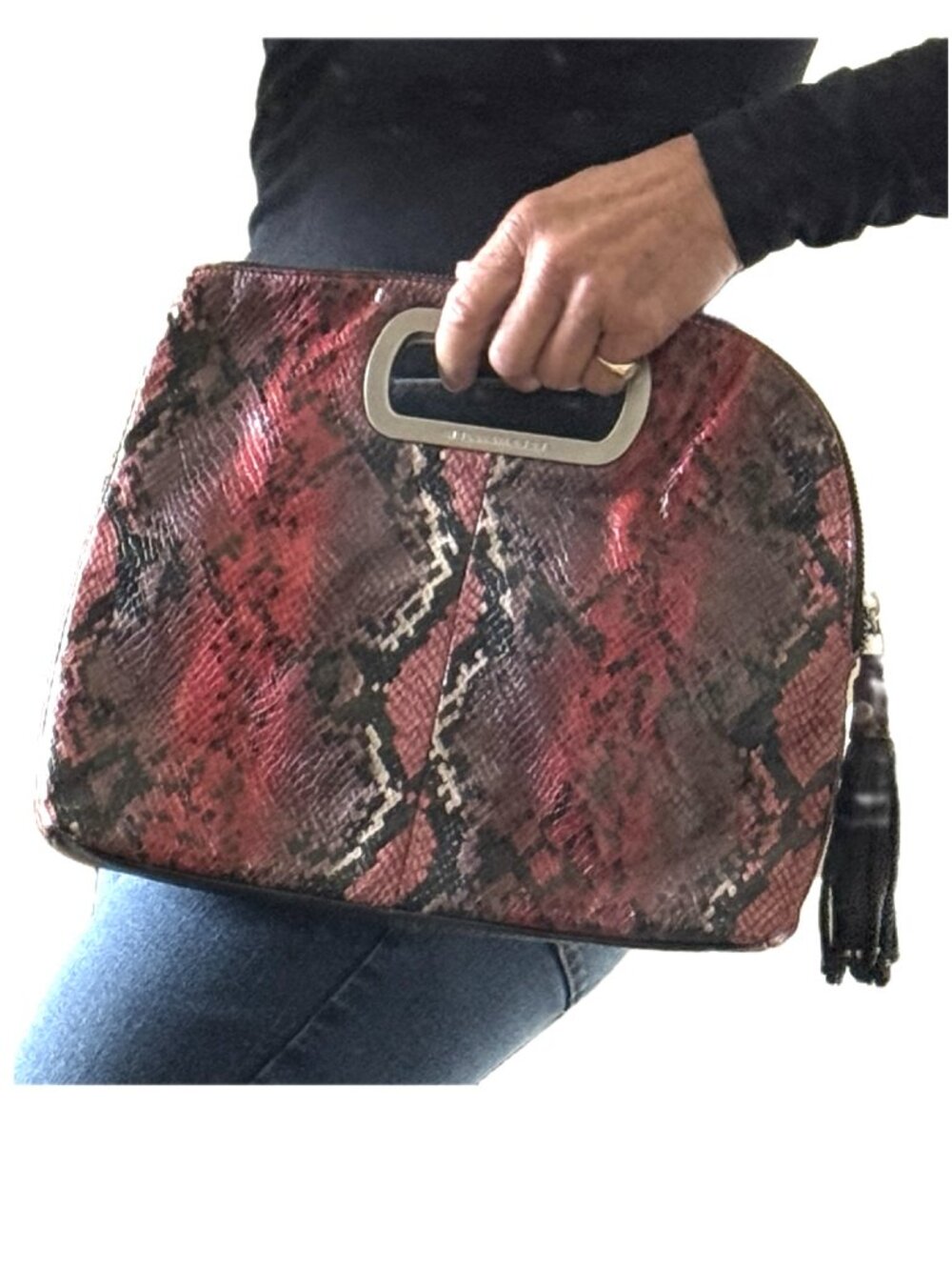 BCBGMaxAzria Clutch Leather Snakeskin Red Plum Boho Tassel